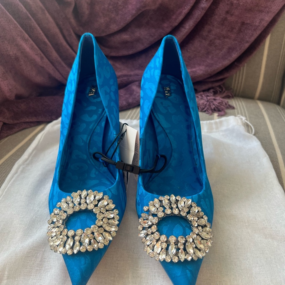 Zara Blue Velvet Heels with Crystal Embellishments